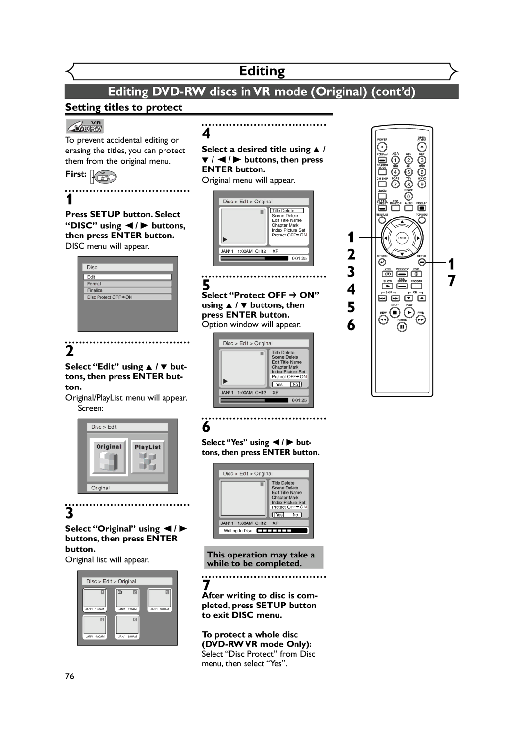 FUNAI FDRV90E Setting titles to protect, To prevent accidental editing or, Them from the original menu Buttons, then press 