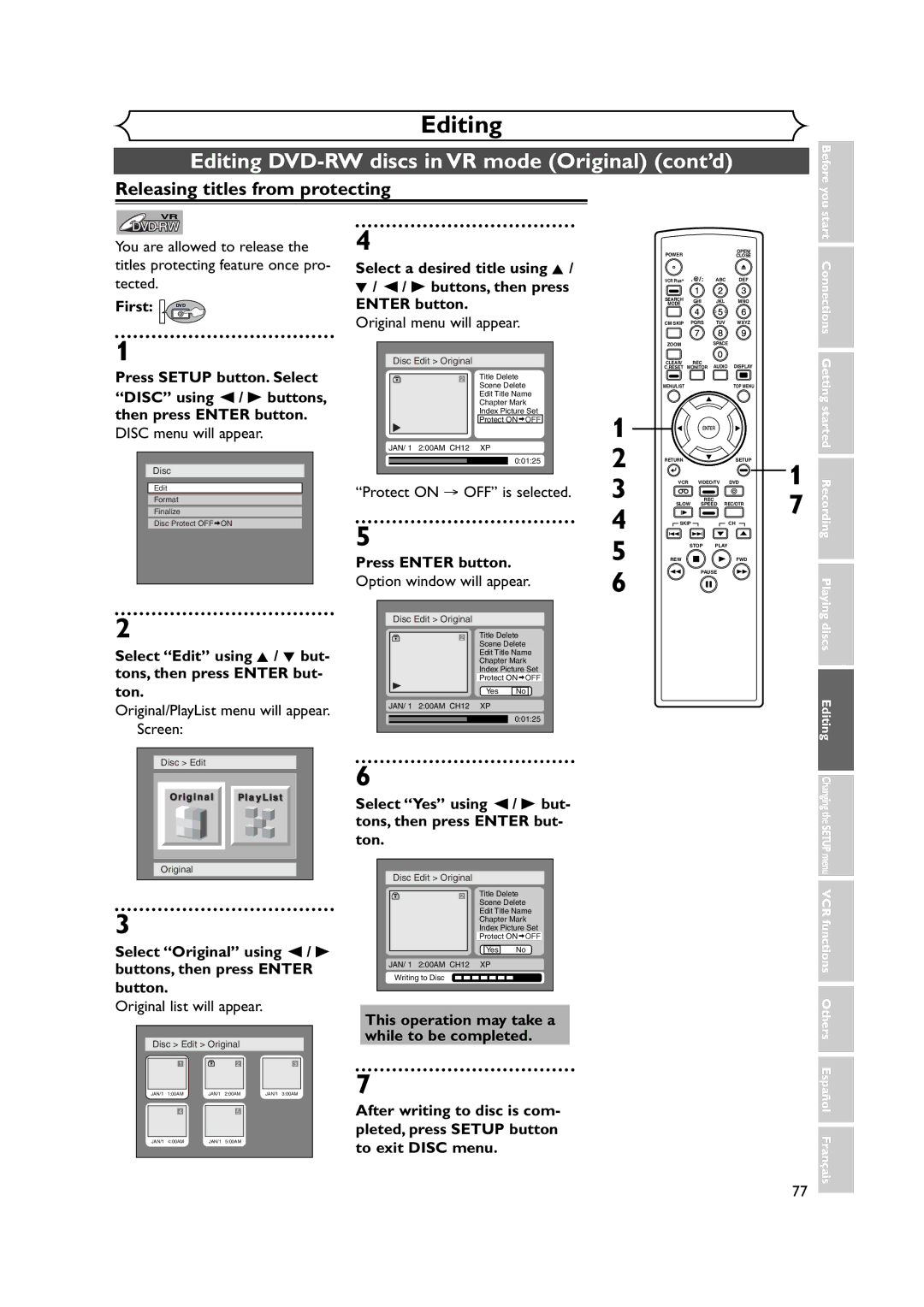 FUNAI FDRV90E owner manual Releasing titles from protecting 