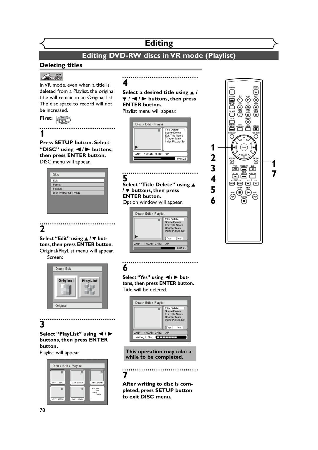 FUNAI FDRV90E Editing DVD-RW discs in VR mode Playlist, Select PlayList using / B buttons, then press Enter button 