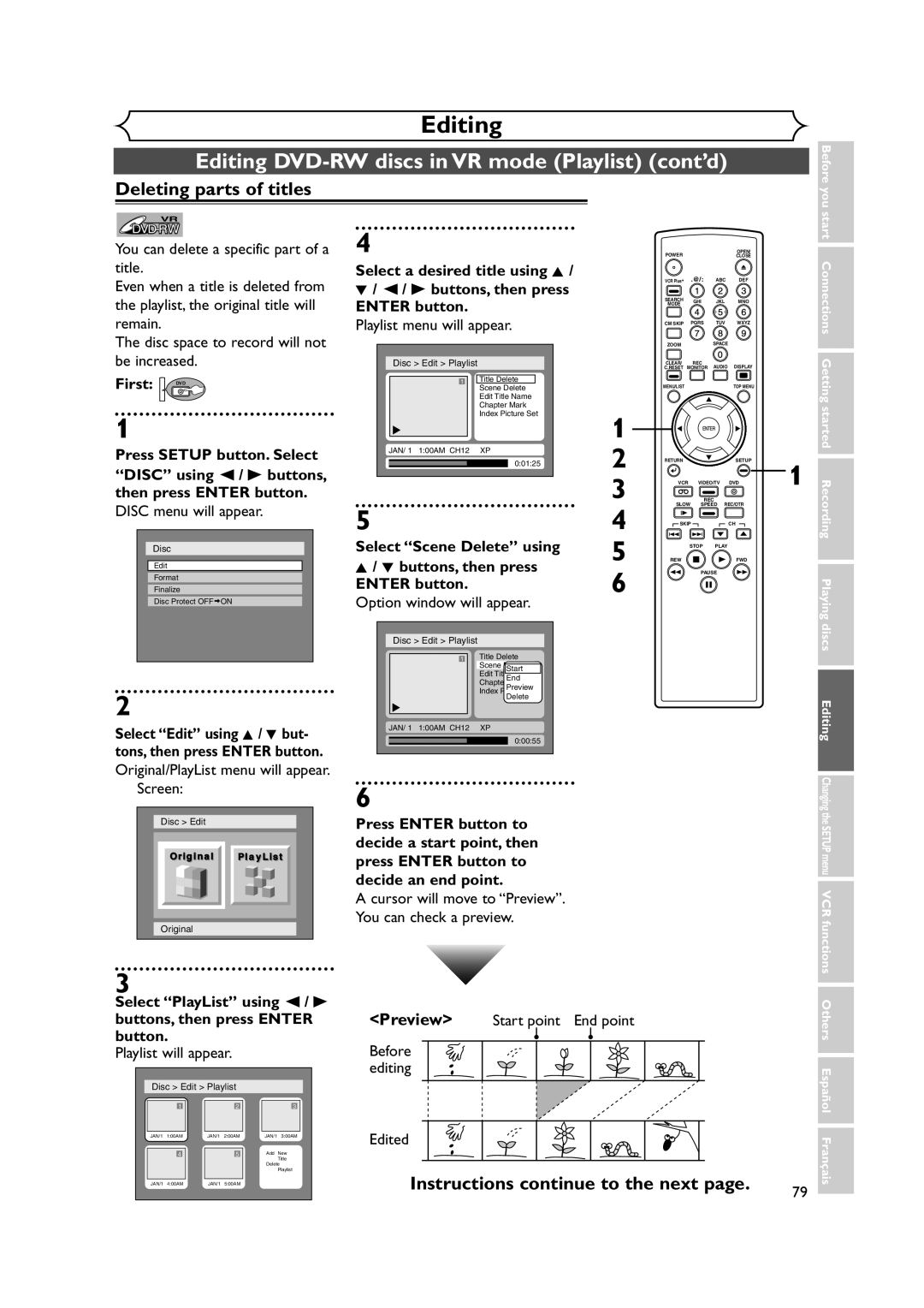 FUNAI FDRV90E Editing DVD-RW discs in VR mode Playlist cont’d, Instructions continue to the next, Before editing Edited 