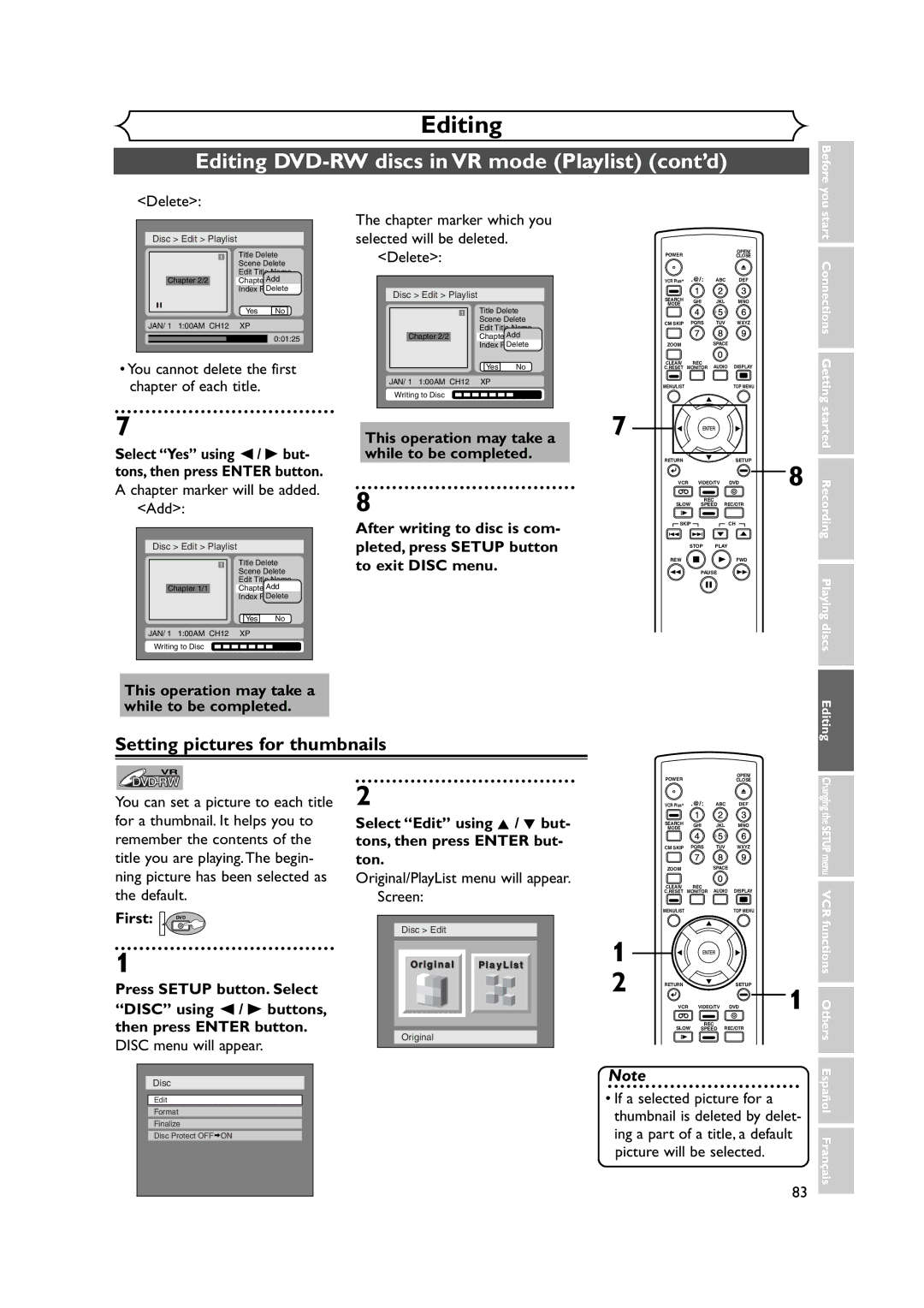 FUNAI FDRV90E owner manual Delete, Chapter marker will be added. Add 