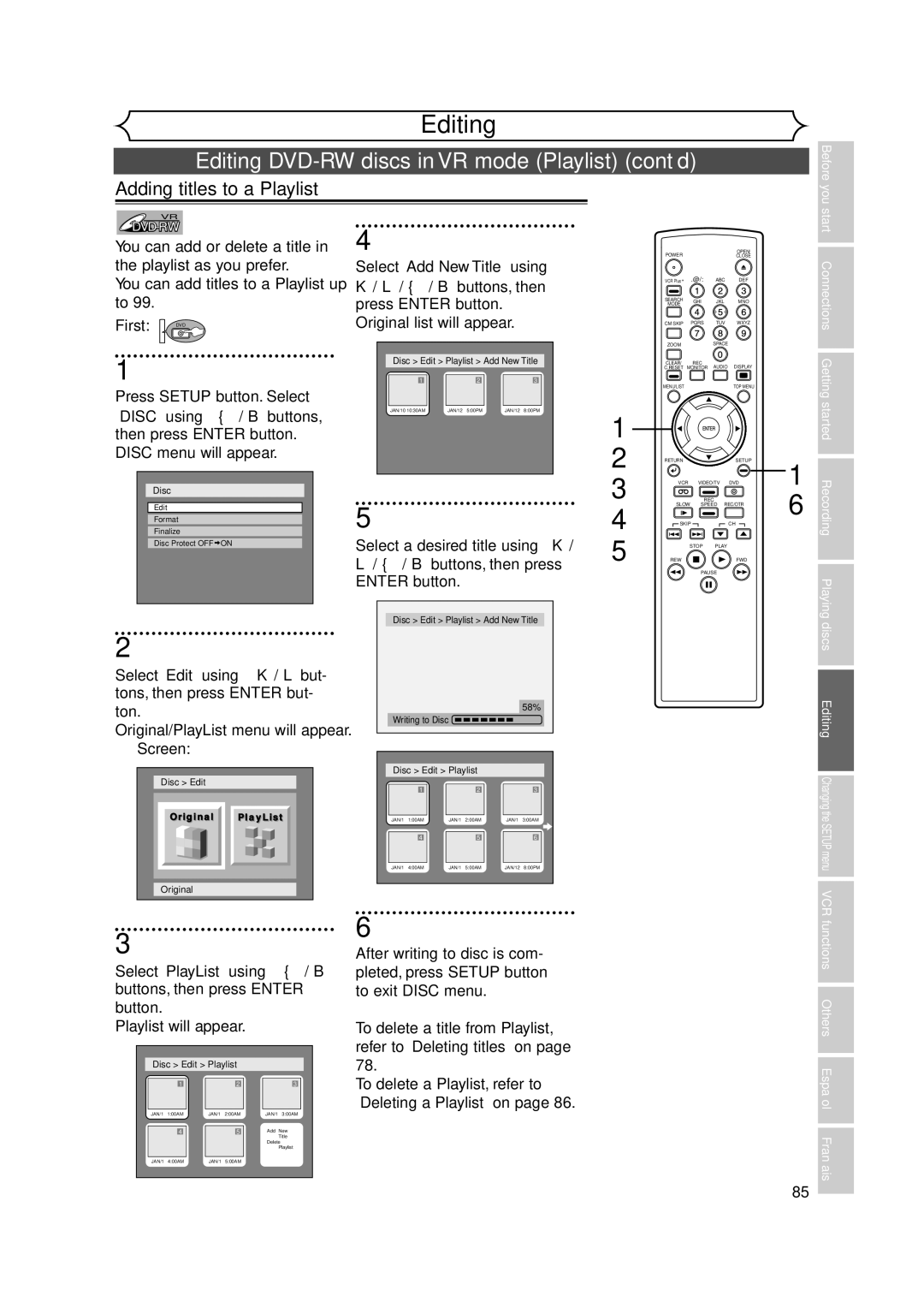 FUNAI FDRV90E owner manual Adding titles to a Playlist, Select Edit using K / L but- tons, then press Enter but Ton 