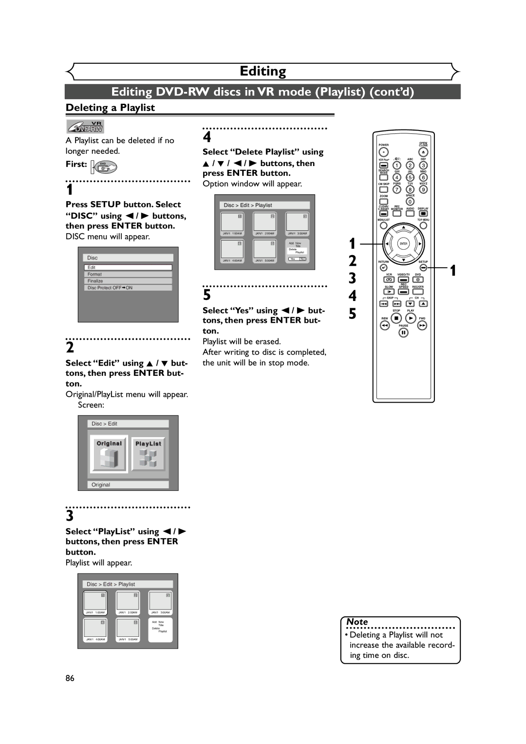 FUNAI FDRV90E Deleting a Playlist, Playlist can be deleted if no longer needed, Playlist will be erased, Ing time on disc 