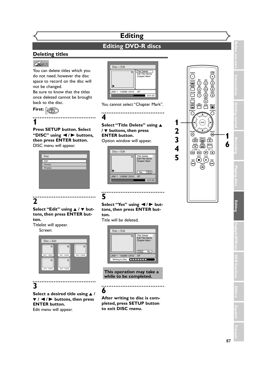 FUNAI FDRV90E owner manual Editing DVD-R discs, You cannot select Chapter Mark 