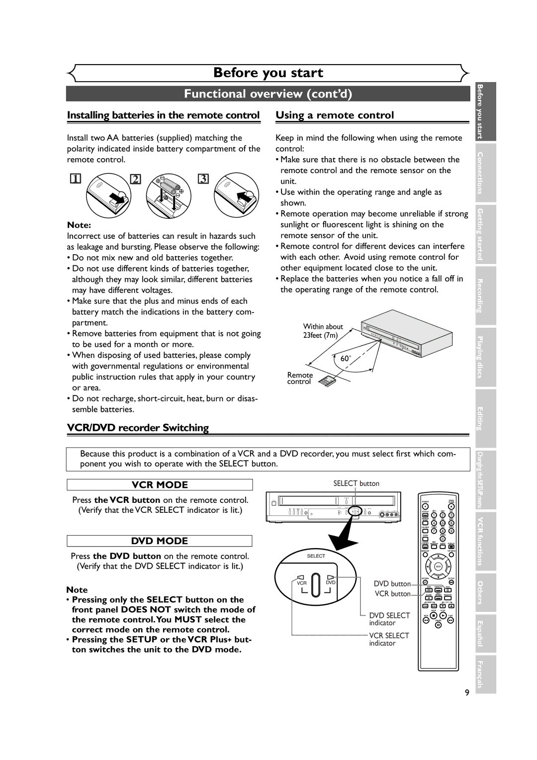 FUNAI FDRV90E owner manual Functional overview cont’d, VCR/DVD recorder Switching, 60˚ Remote control, Select button 