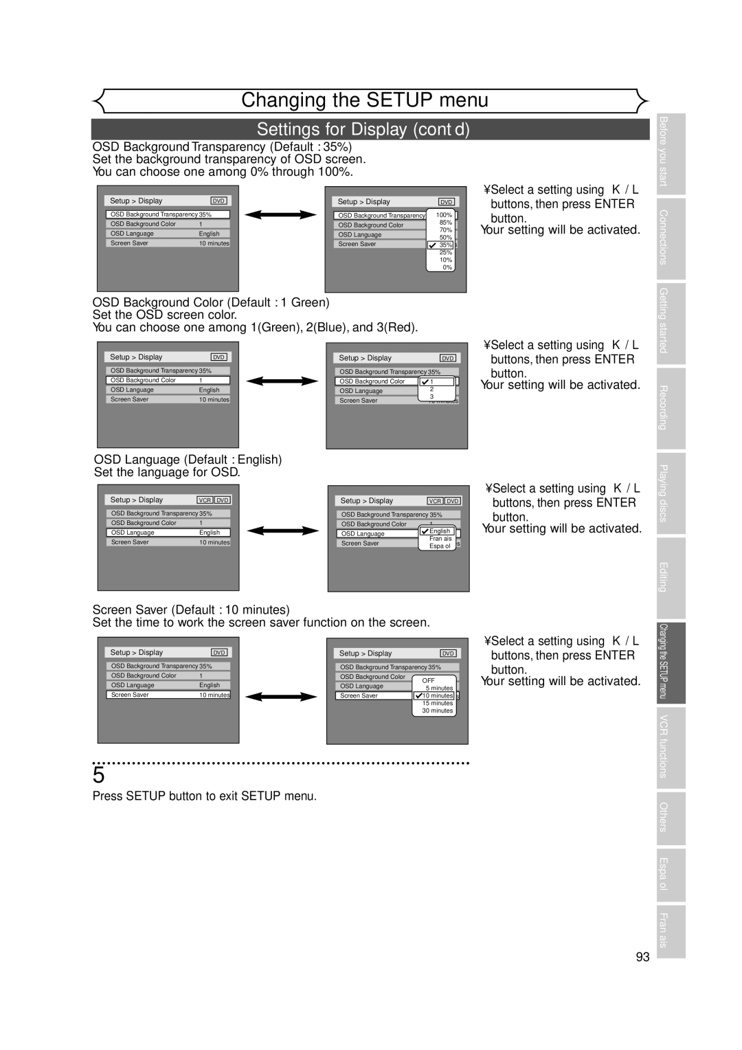 FUNAI FDRV90E Settings for Display cont’d, OSD Background Transparency Default 35%, OSD Language Default English 