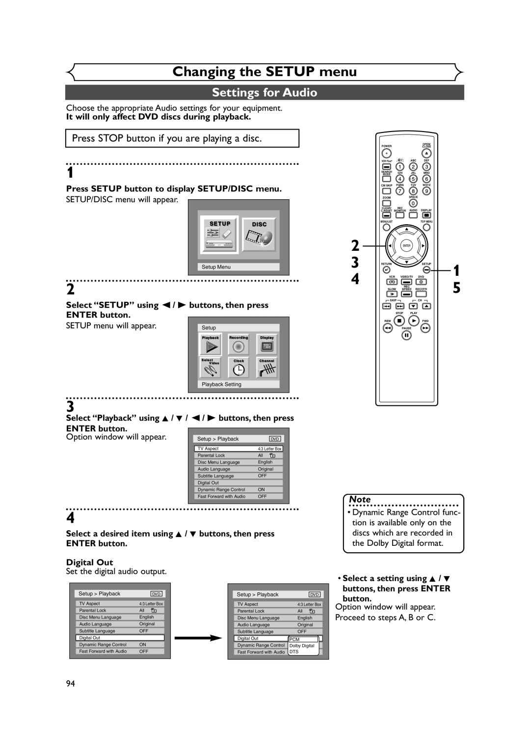 FUNAI FDRV90E Settings for Audio, Choose the appropriate Audio settings for your equipment, Set the digital audio output 