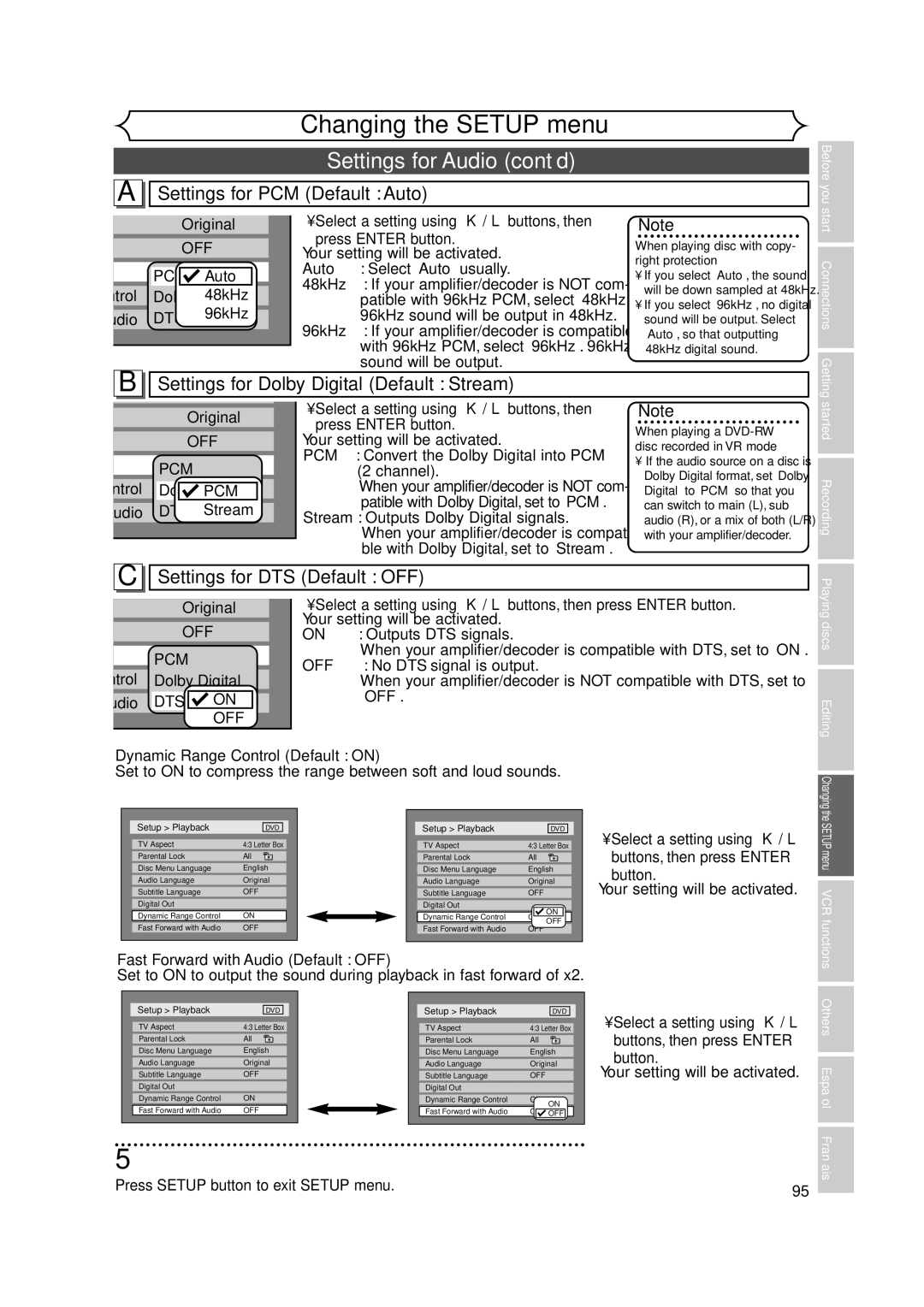 FUNAI FDRV90E Settings for Audio cont’d, Select a setting using K / L buttons, then, Dynamic Range Control Default on 