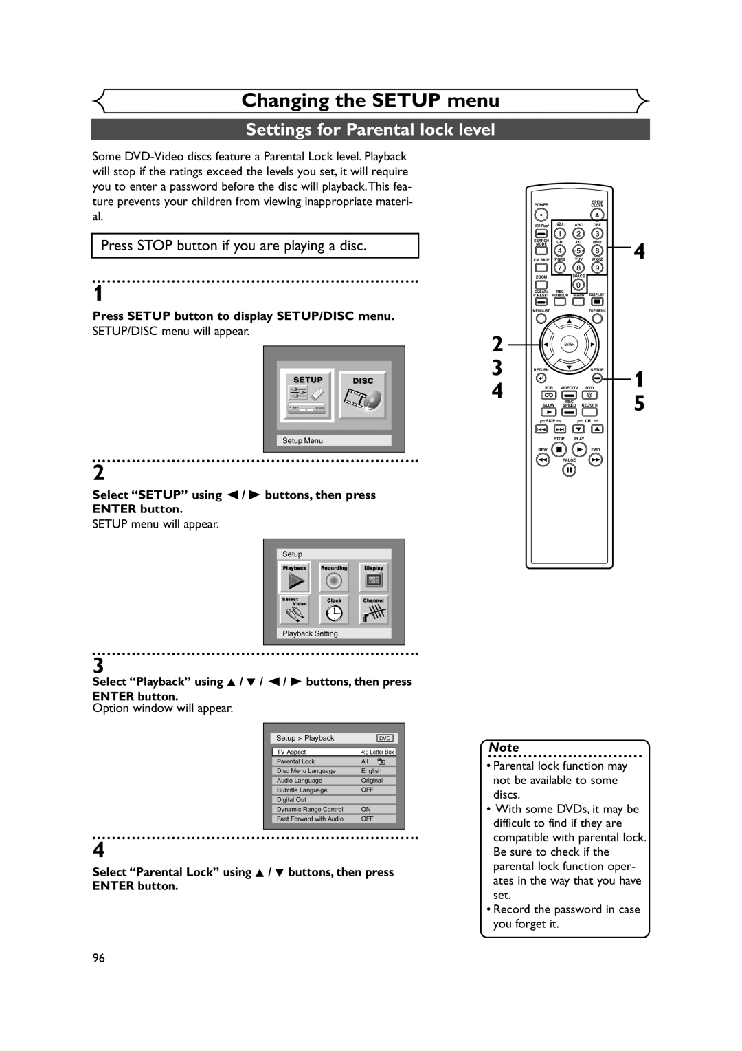 FUNAI FDRV90E owner manual Settings for Parental lock level 