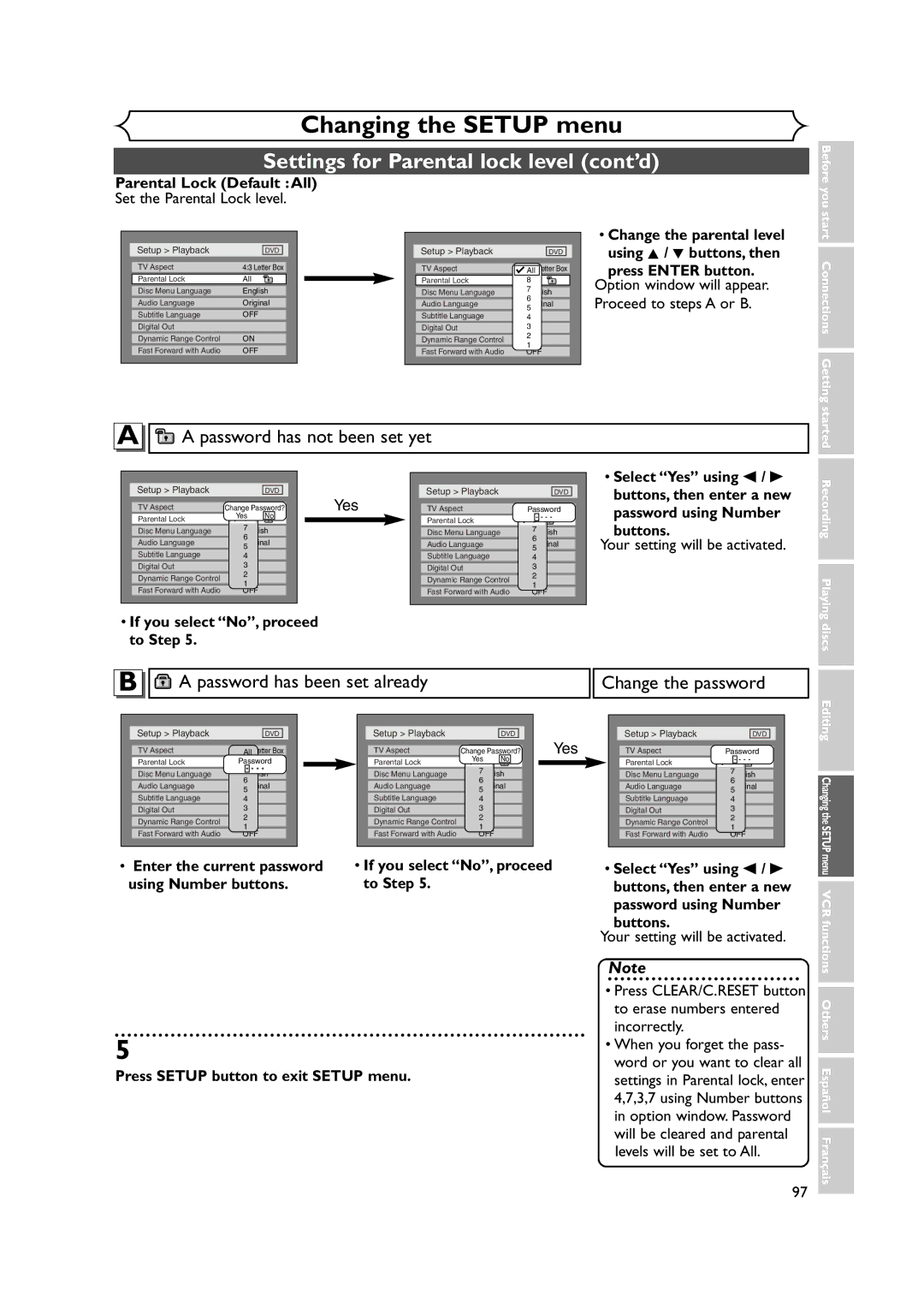 FUNAI FDRV90E owner manual Settings for Parental lock level cont’d 