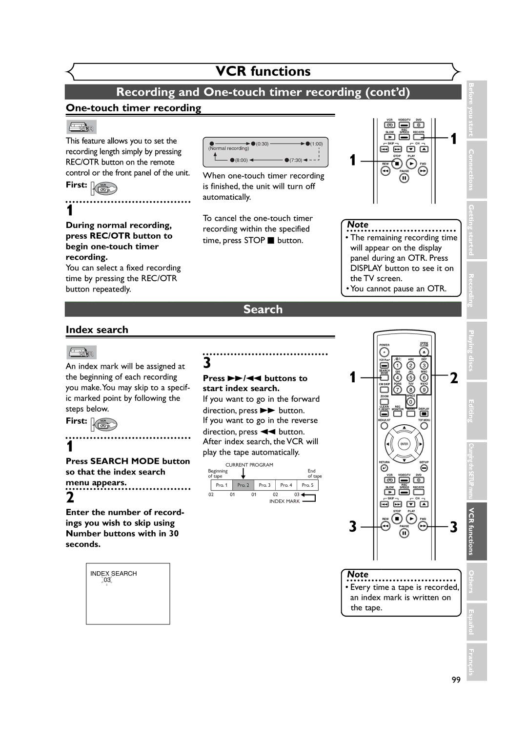 FUNAI FDRV90E owner manual Recording and One-touch timer recording cont’d, Index search, You cannot pause an OTR 