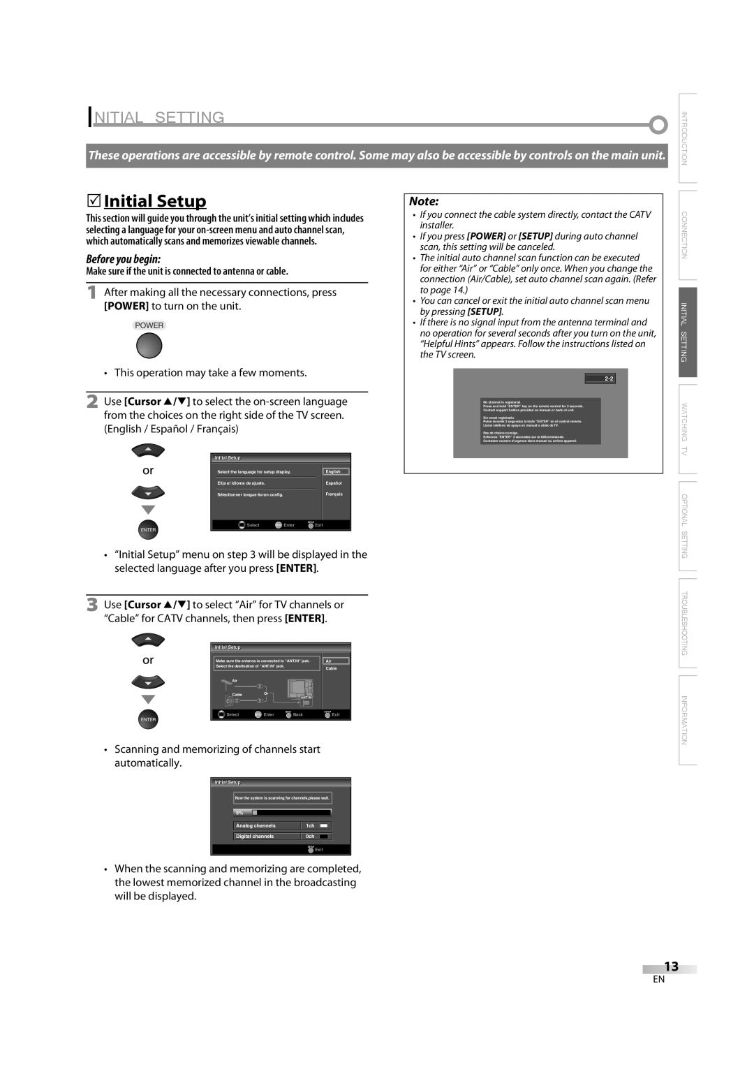 FUNAI FLX3220F A owner manual 5Initial Setup, Make sure if the unit is connected to antenna or cable, InitialI i i l Setup 