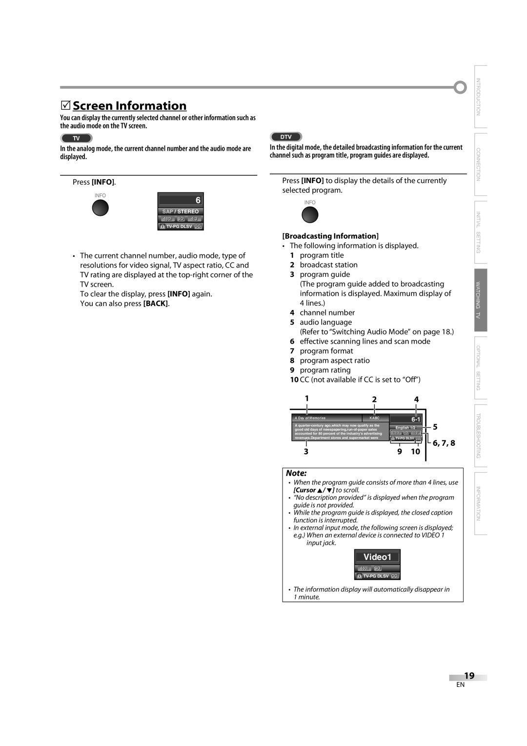 FUNAI FLX3220F A owner manual 5Screen Information, Press Info, Broadcasting Information, Day of Memories 