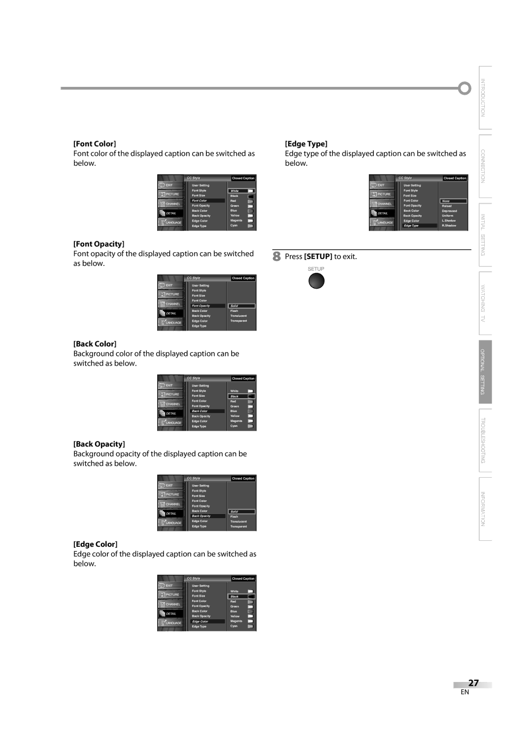 FUNAI FLX3220F A owner manual Font Color, Font Opacity, Back Color, Back Opacity, Edge Color, Edge Type 