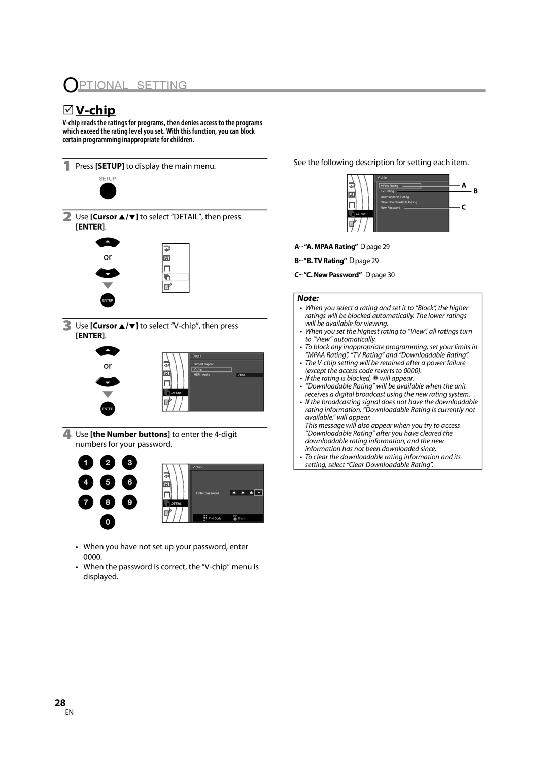 FUNAI FLX3220F A owner manual Use Cursor K/L to select V-chip, then press Enter, Chipip Enter password 