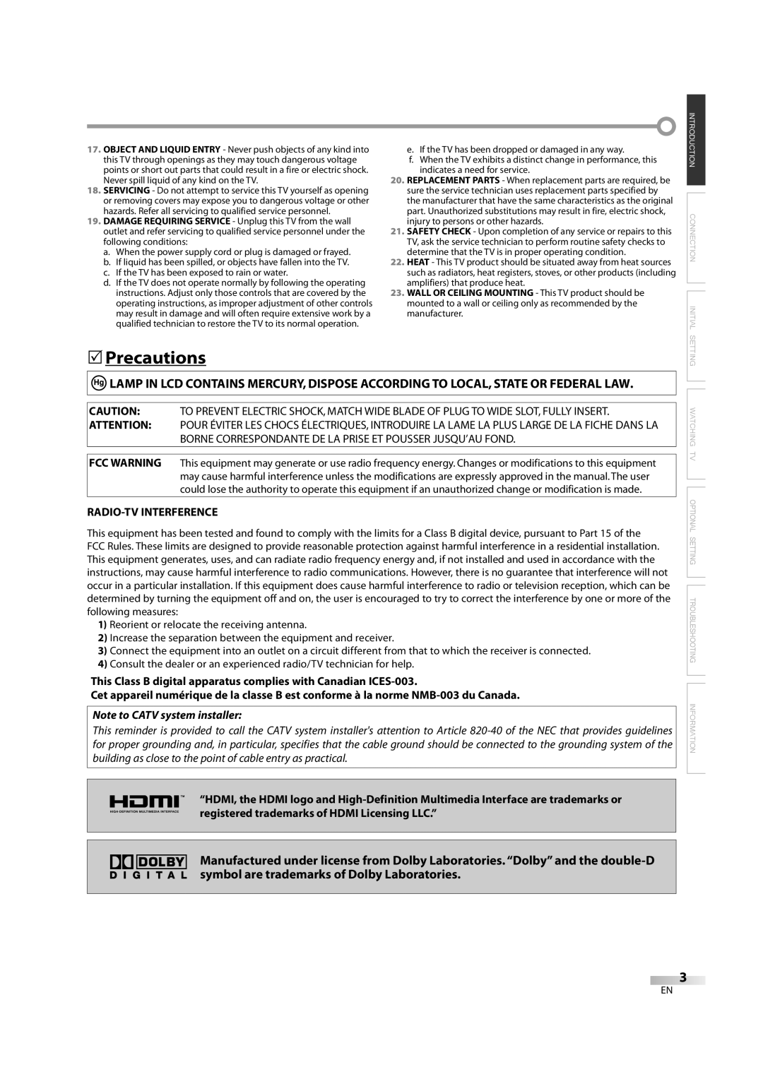 FUNAI FLX3220F A owner manual Precautions, RADIO-TV Interference 