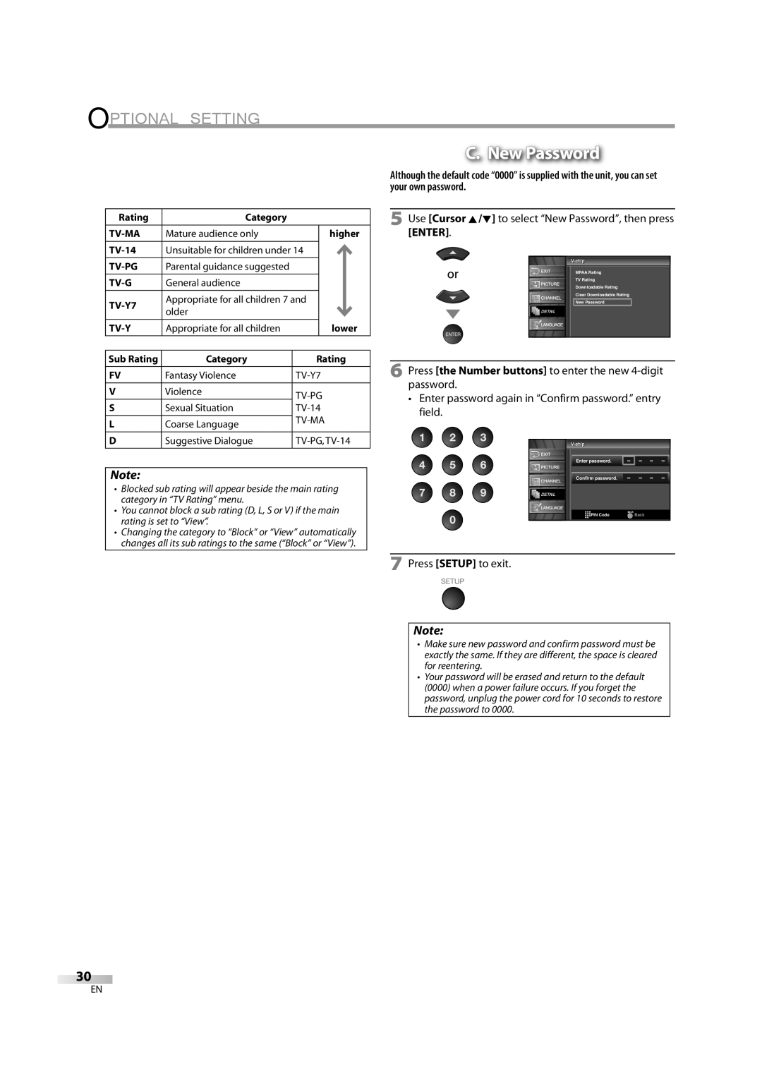 FUNAI FLX3220F A Use Cursor K/L to select New Password, then press Enter, Chipip Enter password Confirm password 