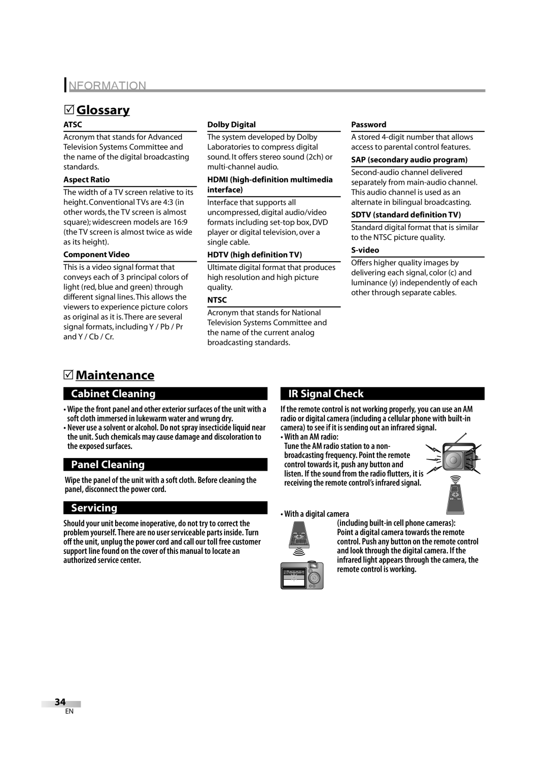 FUNAI FLX3220F A owner manual Glossary, Maintenance, Atsc, Ntsc 