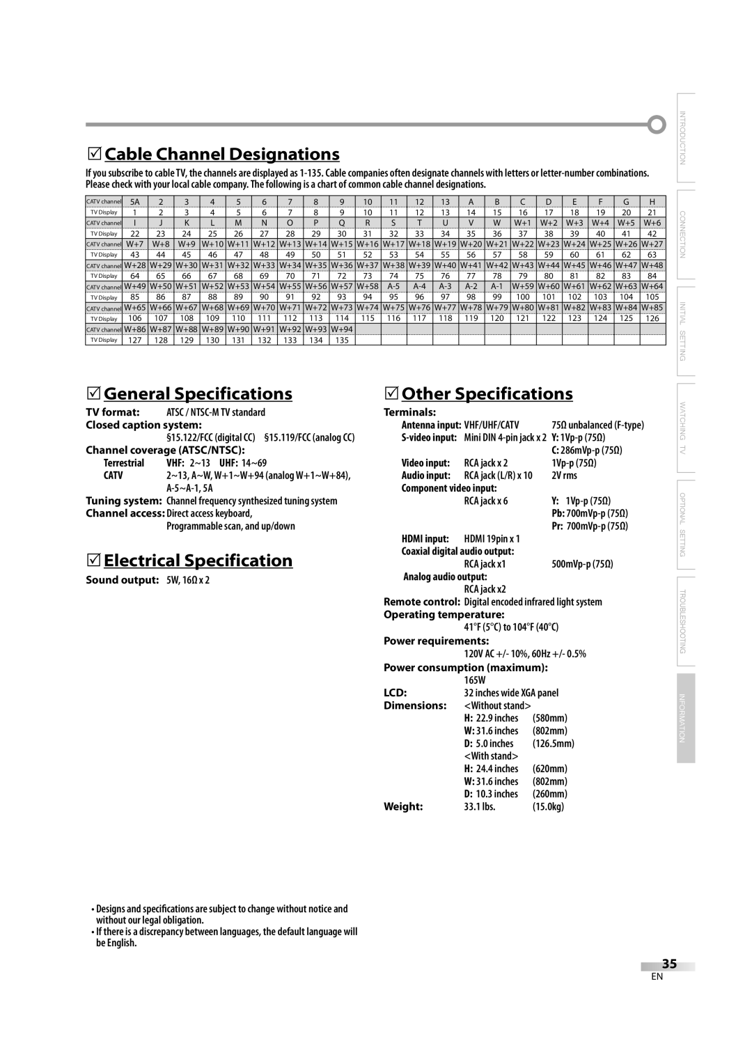 FUNAI FLX3220F A 5Cable Channel Designations, 5General Specifications, 5Electrical Specification, 5Other Specifications 