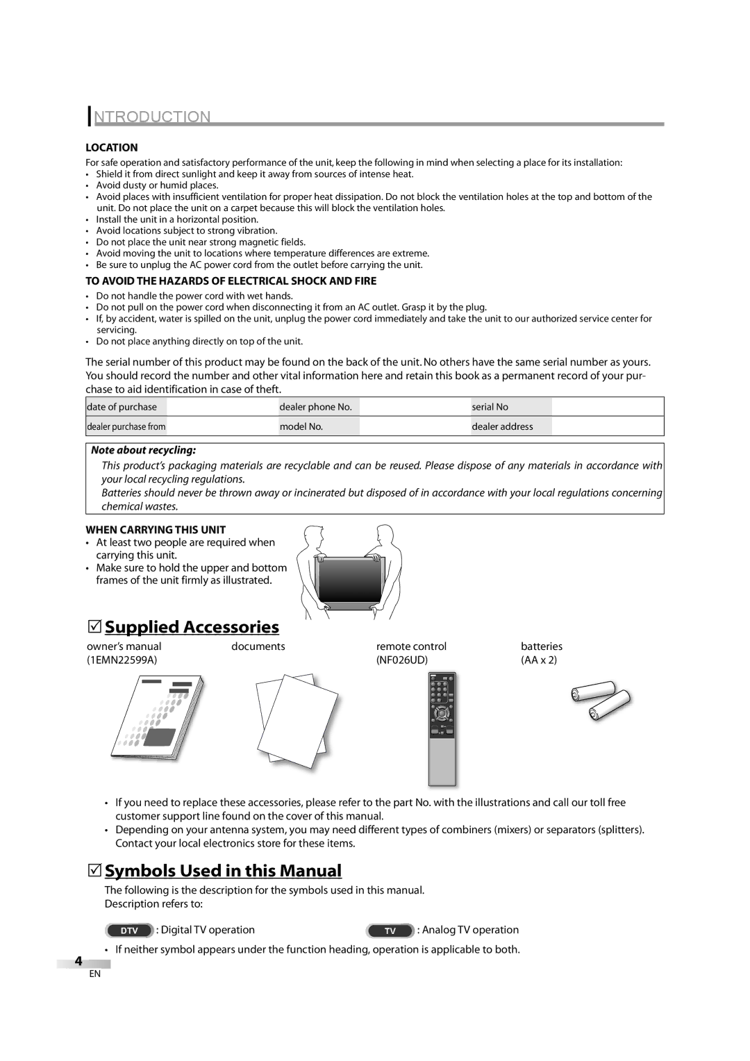 FUNAI FLX3220F A owner manual 5Supplied Accessories, 5Symbols Used in this Manual, Location, When Carrying this Unit 