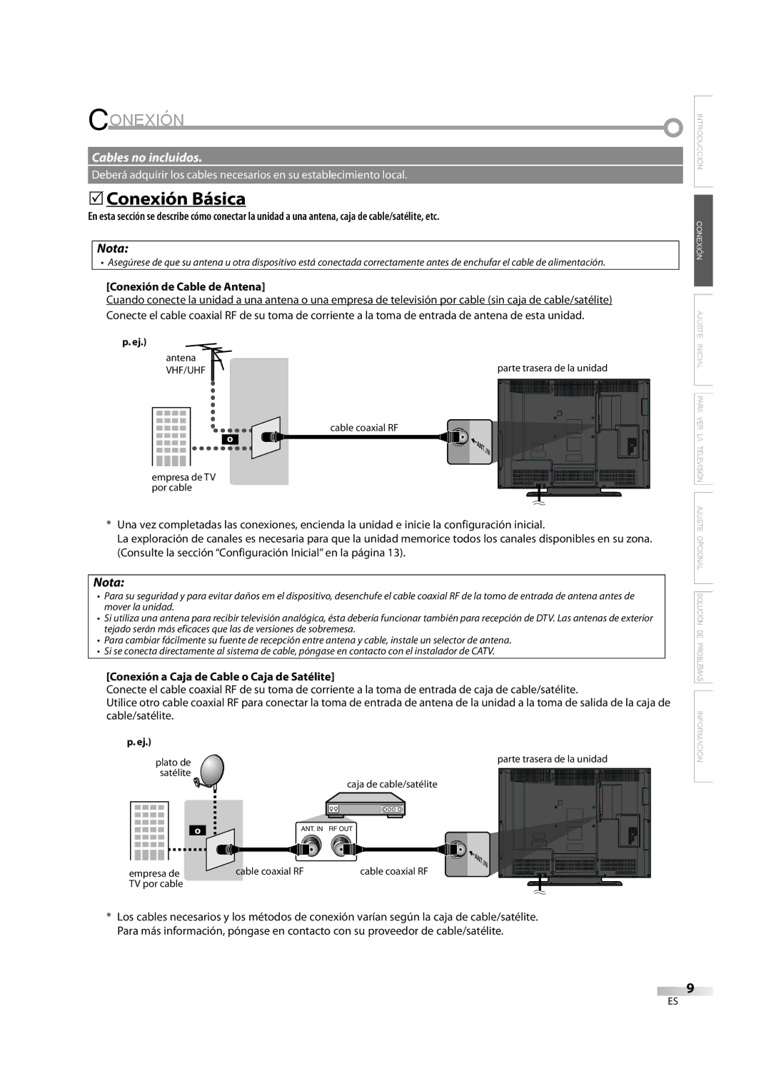 FUNAI FLX3220F A owner manual 5Conexión Básica, Conexión de Cable de Antena, Conexión a Caja de Cable o Caja de Satélite 