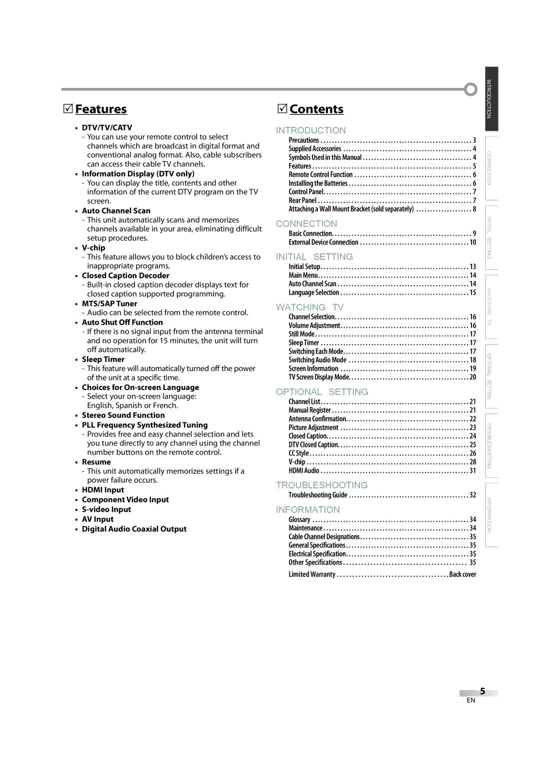 FUNAI FLX3220F A owner manual Features, Dtv/Tv/Catv 