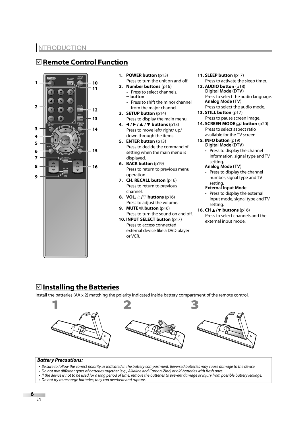 FUNAI FLX3220F A owner manual 5Remote Control Function, 5Installing the Batteries 