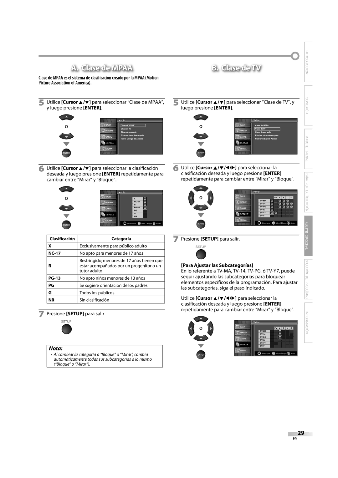 FUNAI FLX3220F A owner manual Para Ajustar las Subcategorías 