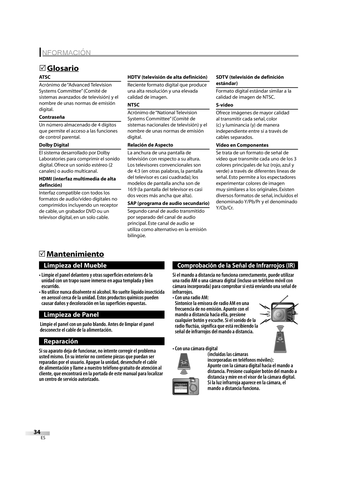 FUNAI FLX3220F A owner manual Glosario, Mantenimiento 