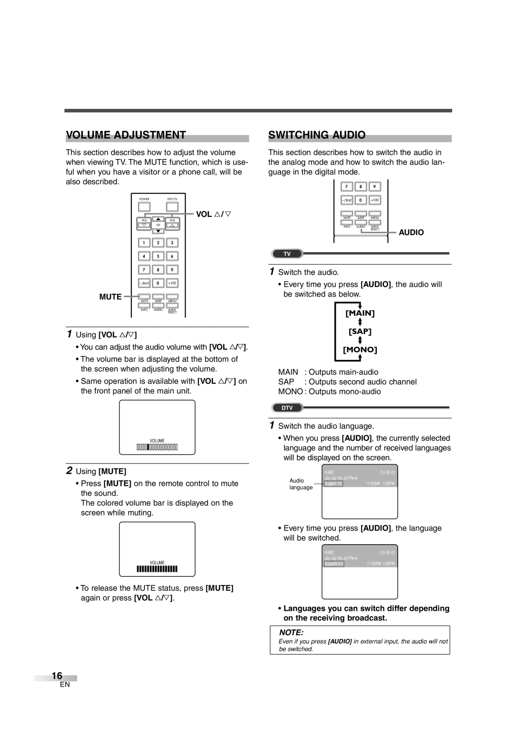 FUNAI IWF2706 owner manual Volume Adjustment, Switching Audio, Mute 