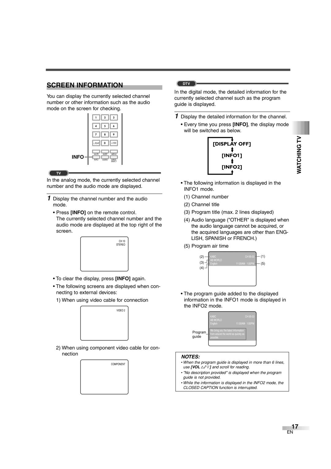 FUNAI IWF2706 owner manual Screen Information, When using component video cable for con- nection, Program air time 