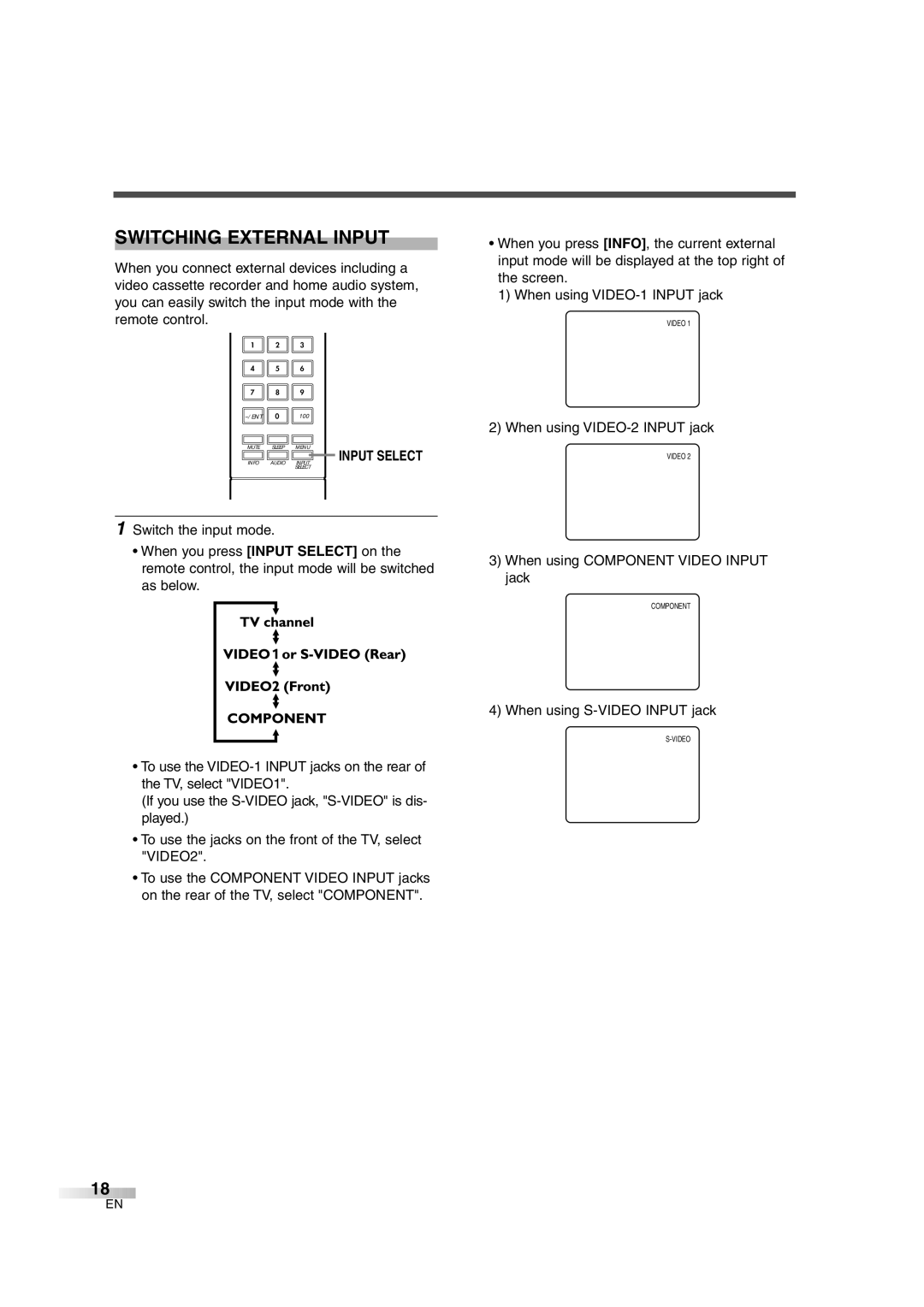 FUNAI IWF2706 Switching External Input, Input Select, When using VIDEO-2 Input jack, When using S-VIDEO Input jack 