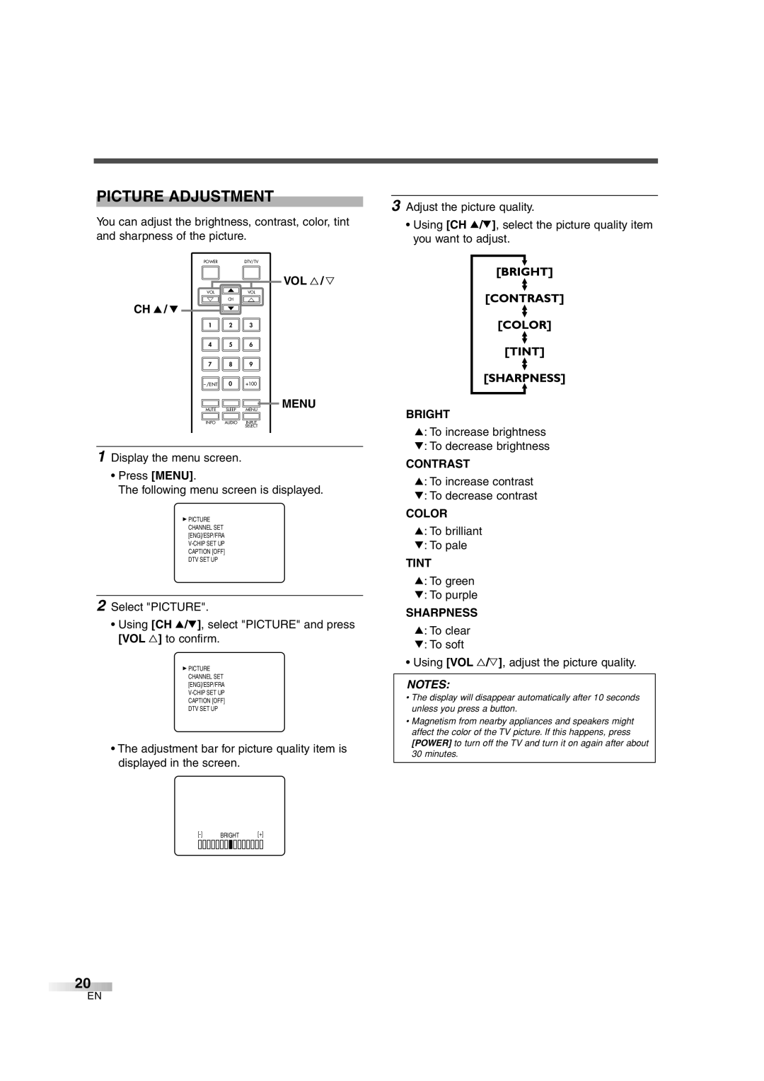 FUNAI IWF2706 owner manual Picture Adjustment 