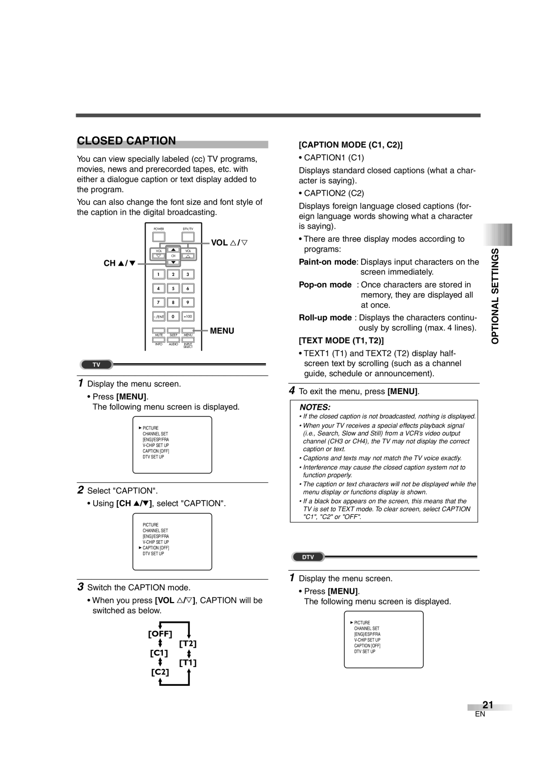 FUNAI IWF2706 owner manual Closed Caption, Caption Mode C1, C2, CAPTION1 C1, CAPTION2 C2, Text Mode T1, T2 