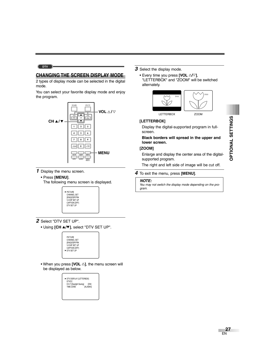 FUNAI IWF2706 owner manual Optional, Letterbox, Lower screen, Zoom 