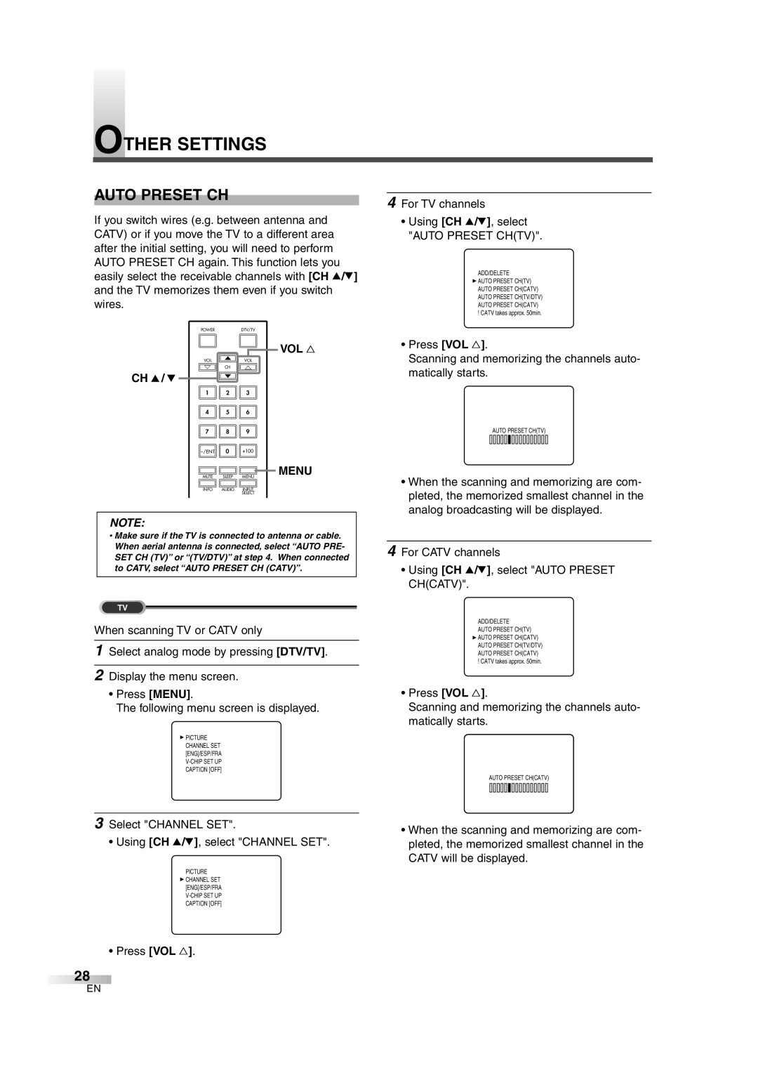 FUNAI IWF2706 owner manual Other Settings, Auto Preset CH, VOL Menu 