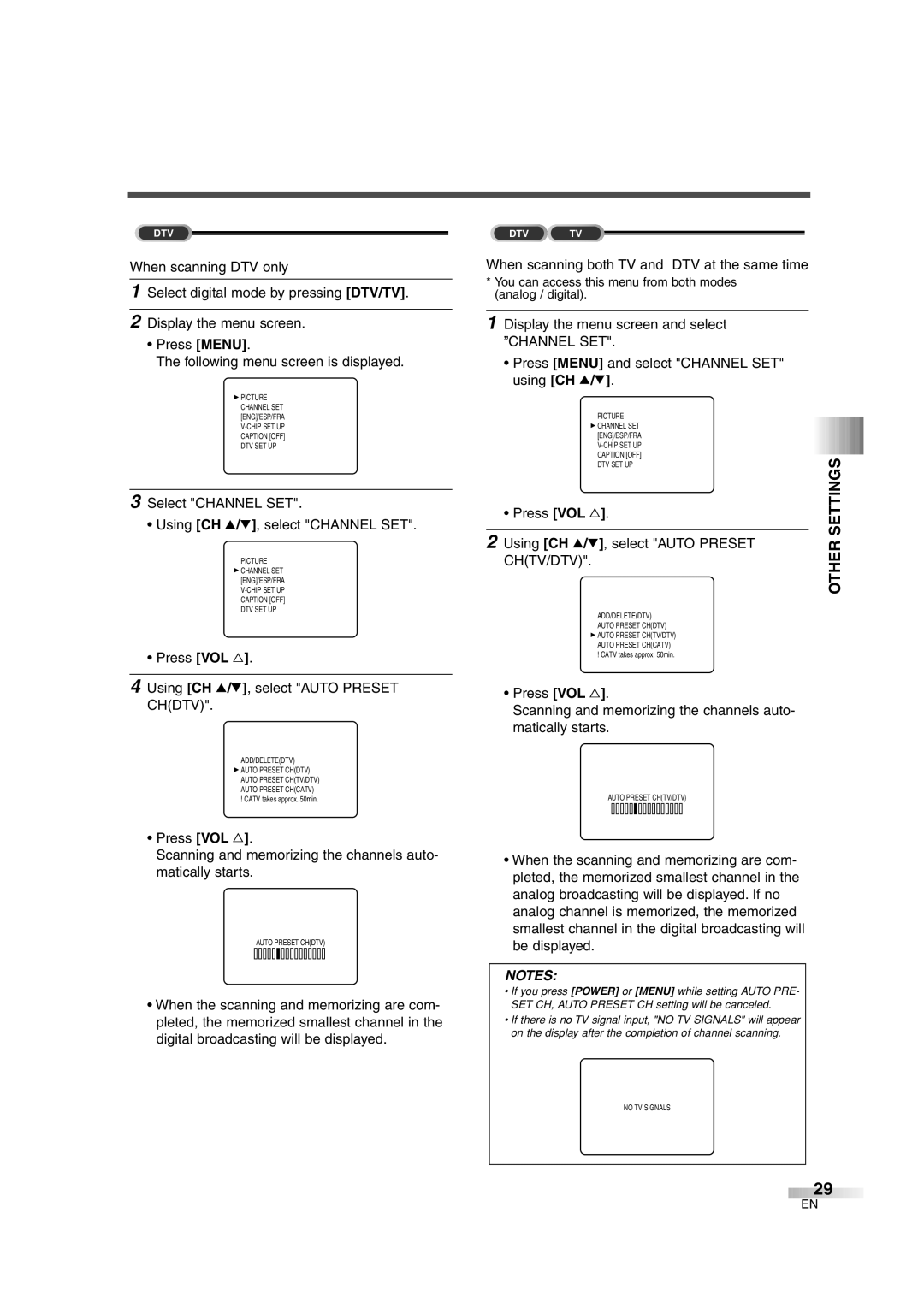 FUNAI IWF2706 Press VOL Using CH K/L, select Auto Preset Chdtv, When scanning both TV and DTV at the same time, Chtv/Dtv 