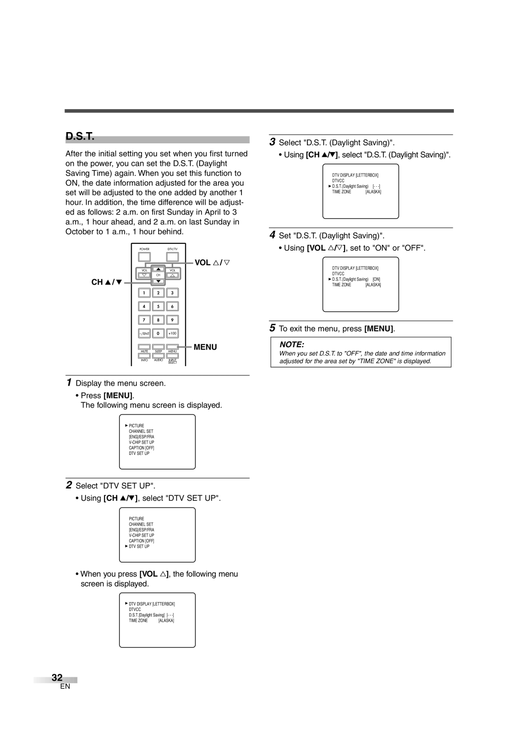 FUNAI IWF2706 owner manual Set D.S.T. Daylight Saving Using VOL X/Y, set to on or OFF, VOL X / Y Menu 