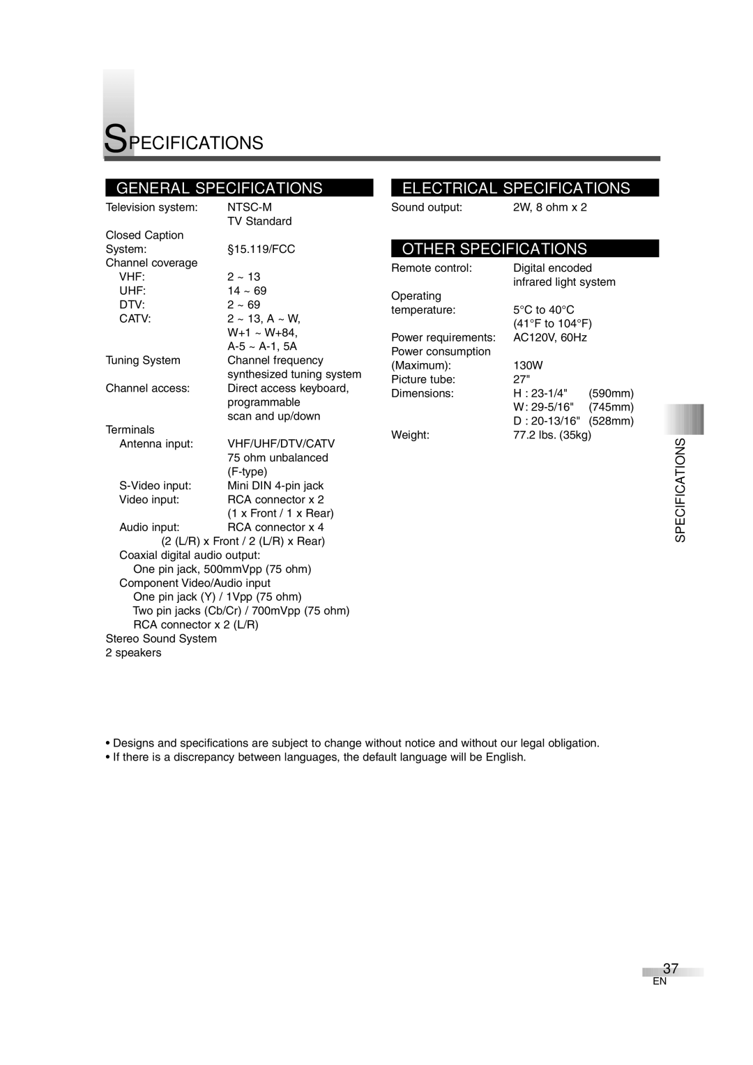 FUNAI IWF2706 owner manual Specifications, Ntsc-M 