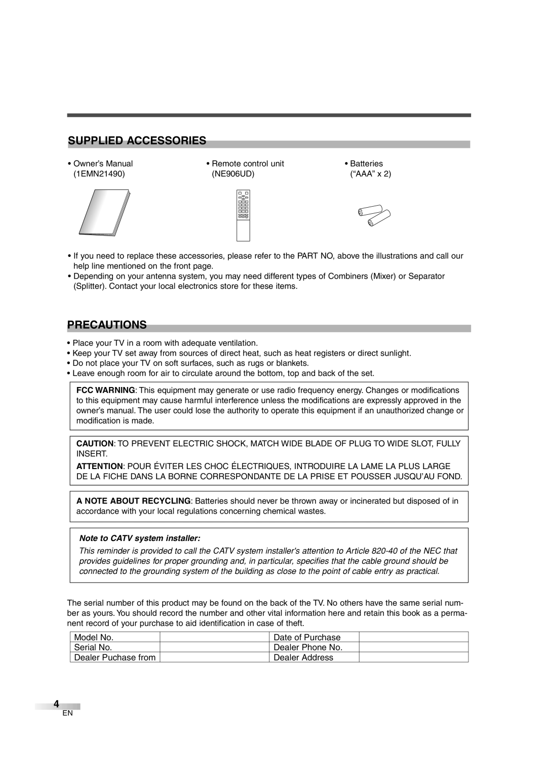 FUNAI IWF2706 owner manual Supplied Accessories, Precautions 