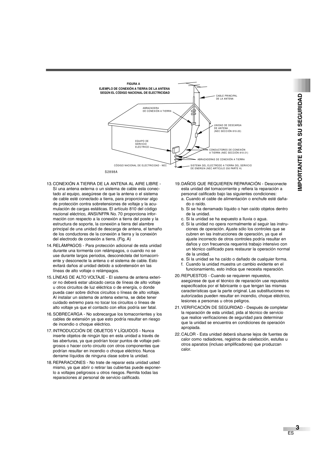 FUNAI IWF2706 owner manual Importante Para SU Seguridad, Según EL Código Nacional DE Electricidad 