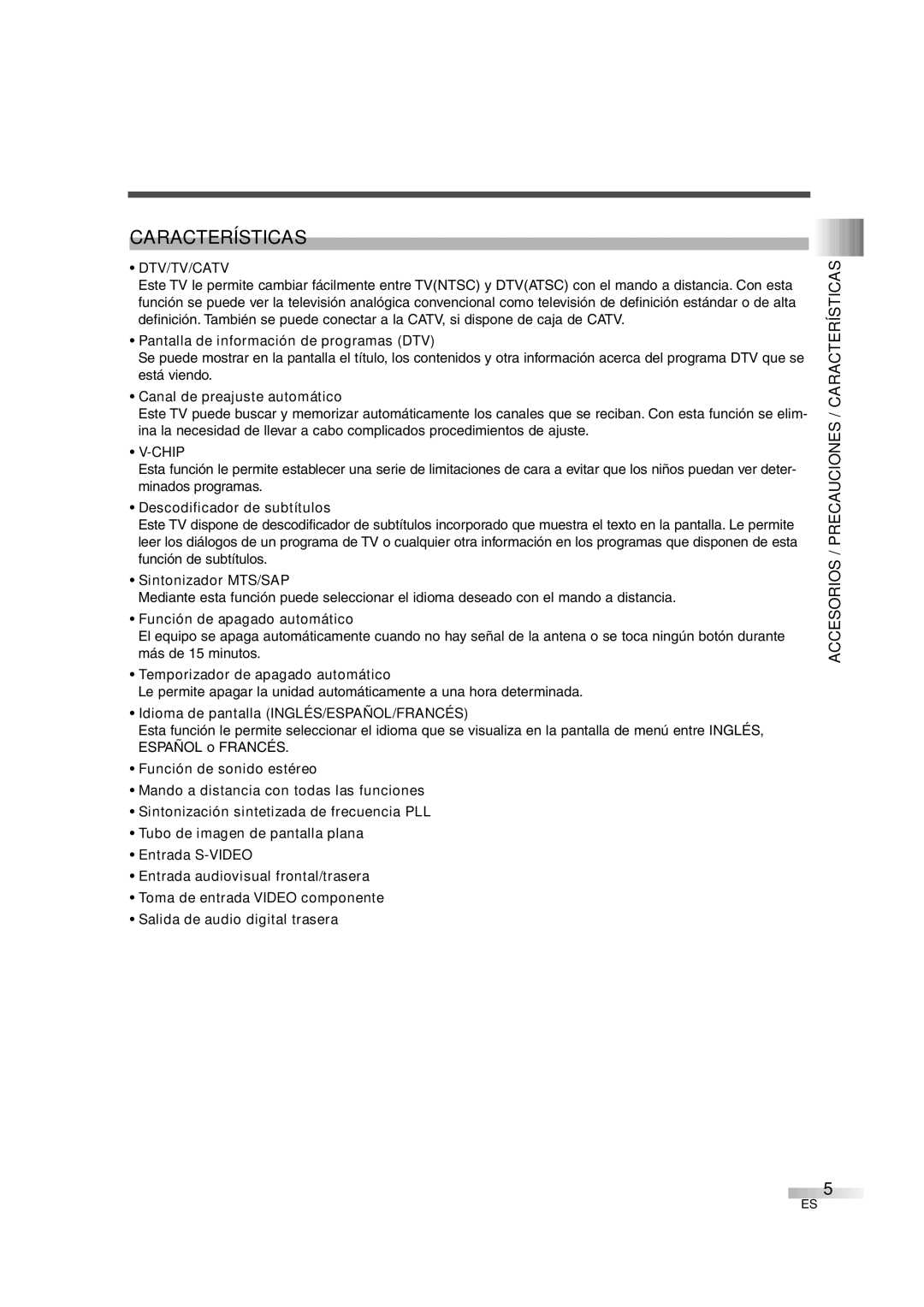 FUNAI IWF2706 owner manual Accesorios / Precauciones / Características 