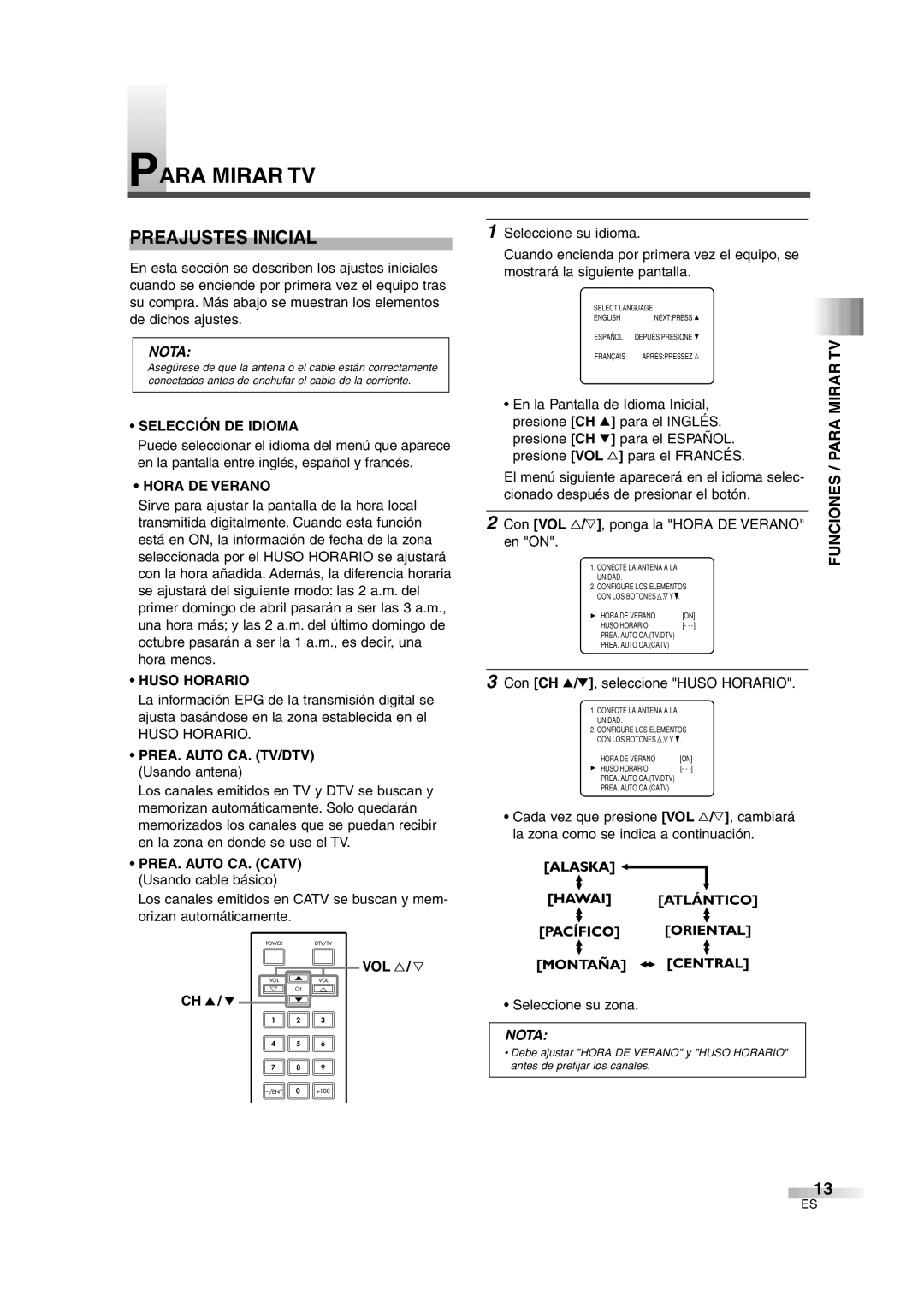 FUNAI IWF2706 owner manual Para Mirar TV, Preajustes Inicial, Funciones / Para 