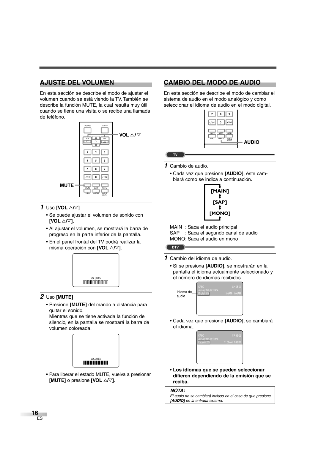 FUNAI IWF2706 owner manual Ajuste DEL Volumen, Cambio DEL Modo DE Audio, Uso VOL X/Y, Uso Mute 