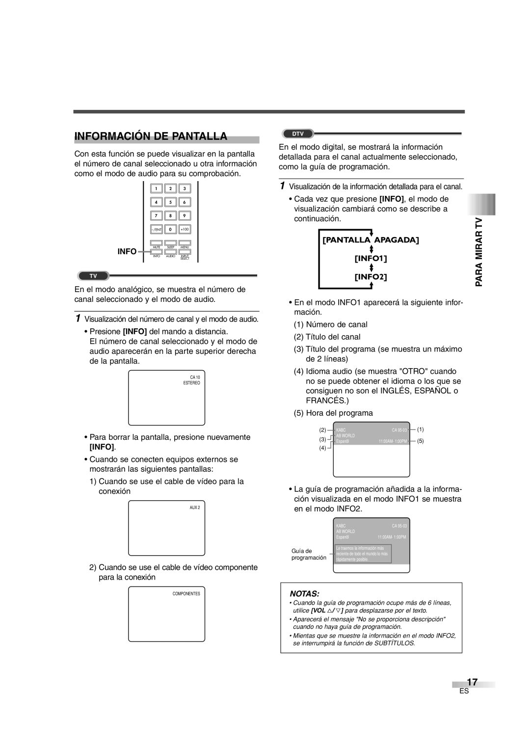 FUNAI IWF2706 Información DE Pantalla, Para Tvmirar, Cuando se use el cable de vídeo componente para la conexión 