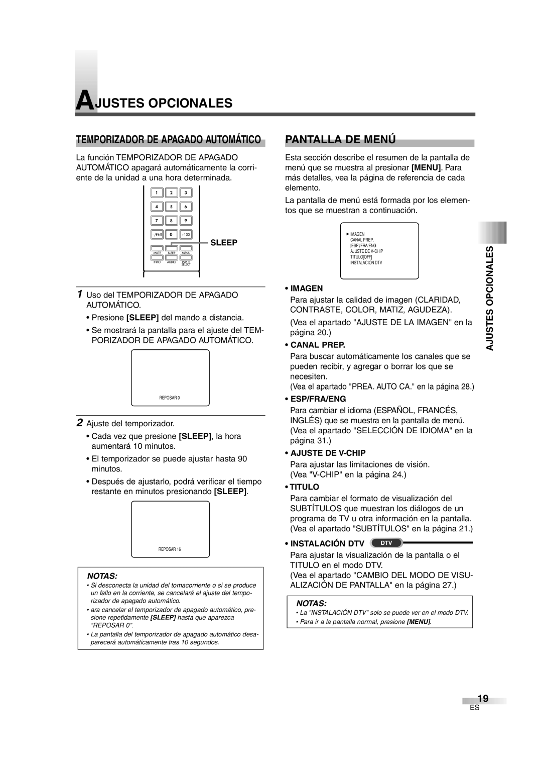 FUNAI IWF2706 owner manual Ajustes Opcionales, Pantalla DE Menú, Temporizador DE Apagado Automático 