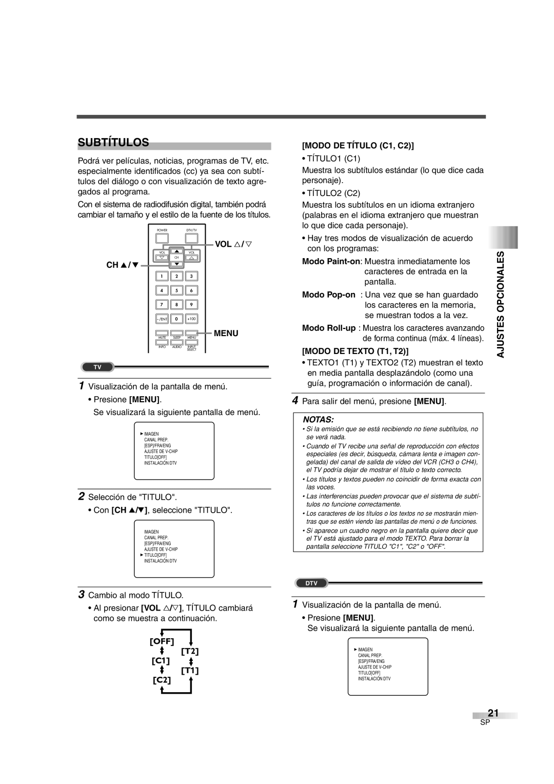 FUNAI IWF2706 owner manual Subtítulos, Modo DE Título C1, C2, Modo DE Texto T1, T2 