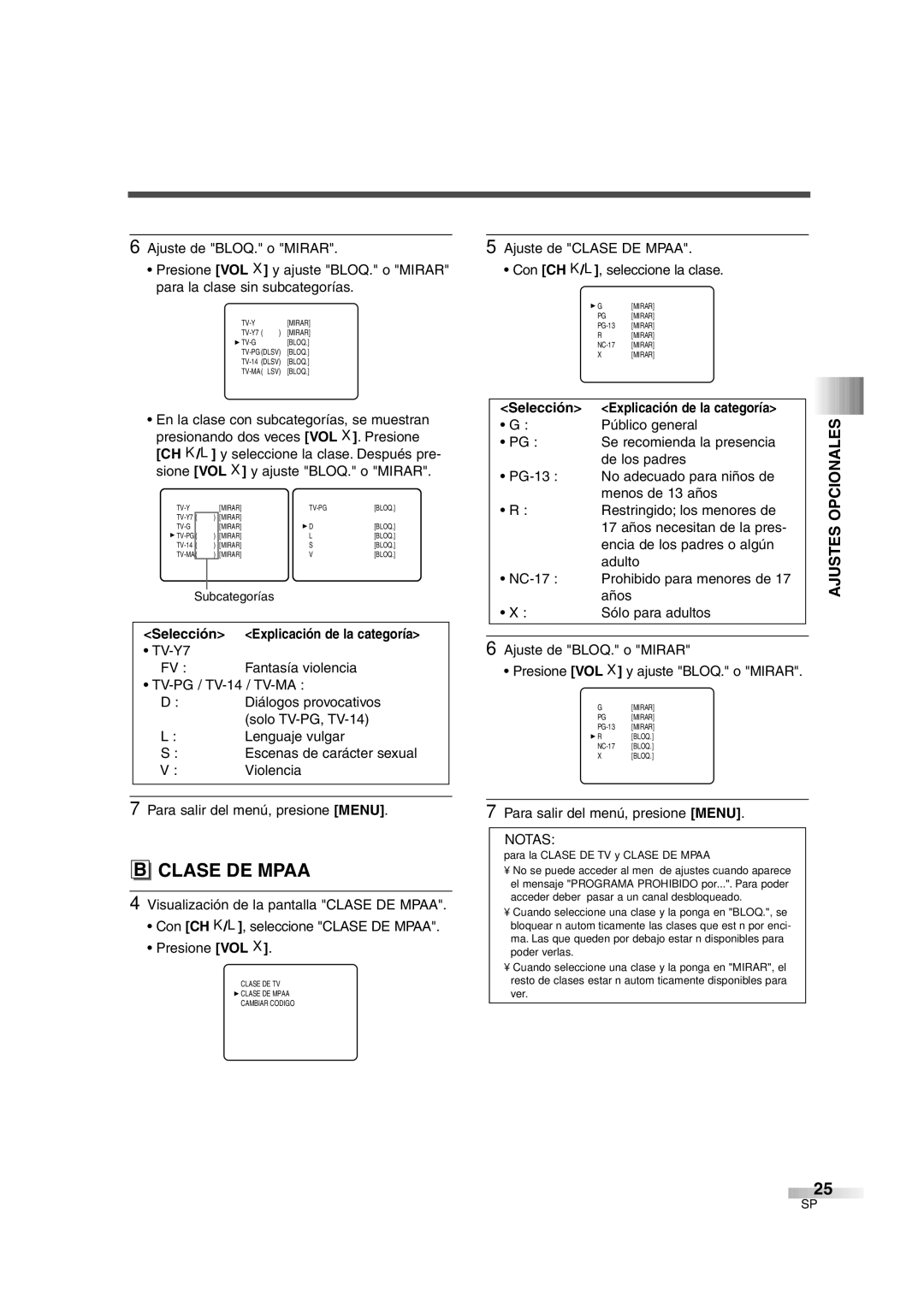 FUNAI IWF2706 owner manual Ajuste de Clase DE Mpaa Con CH K/L, seleccione la clase, Público general 