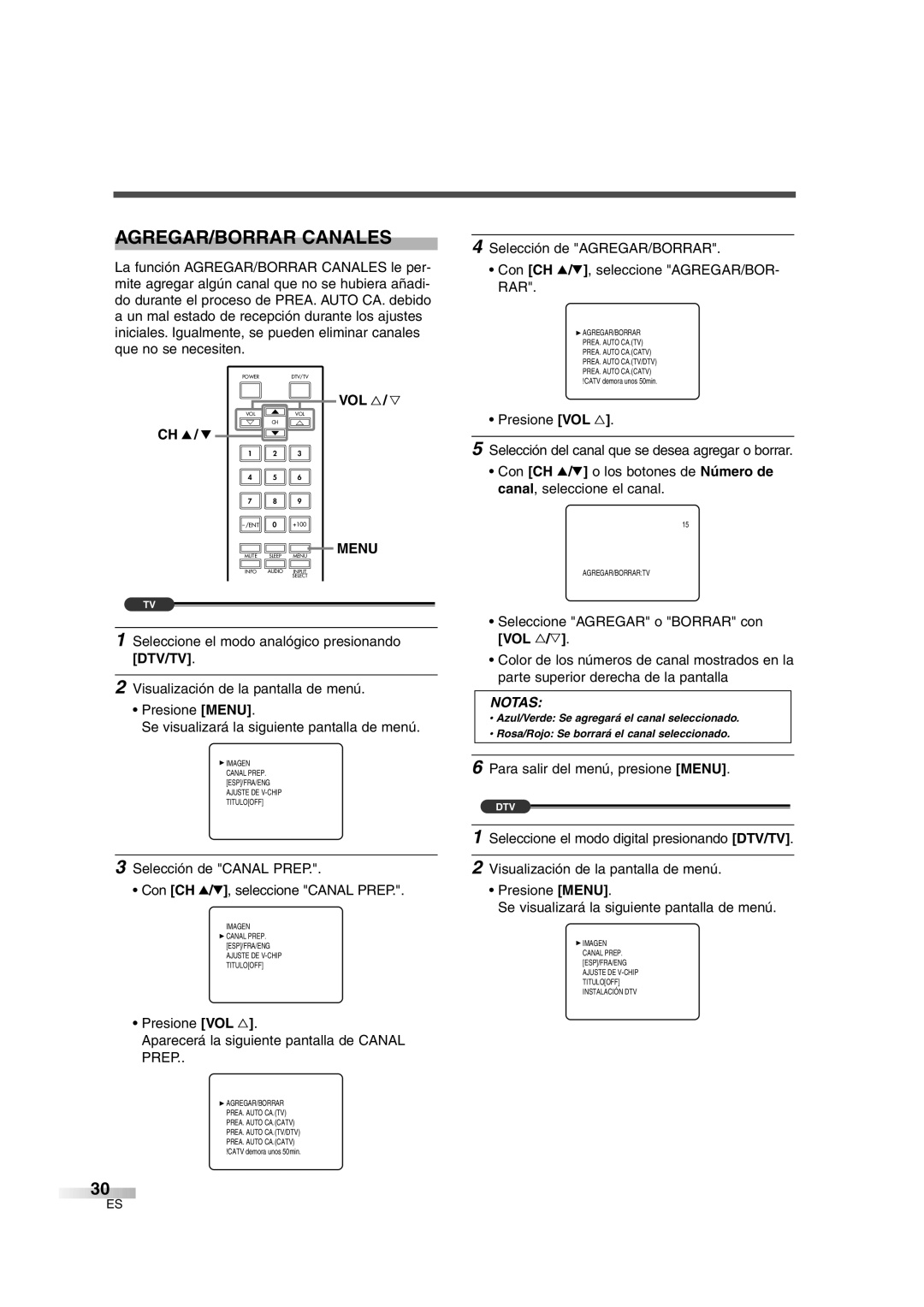 FUNAI IWF2706 owner manual AGREGAR/BORRAR Canales, Presione VOL Aparecerá la siguiente pantalla de Canal Prep 