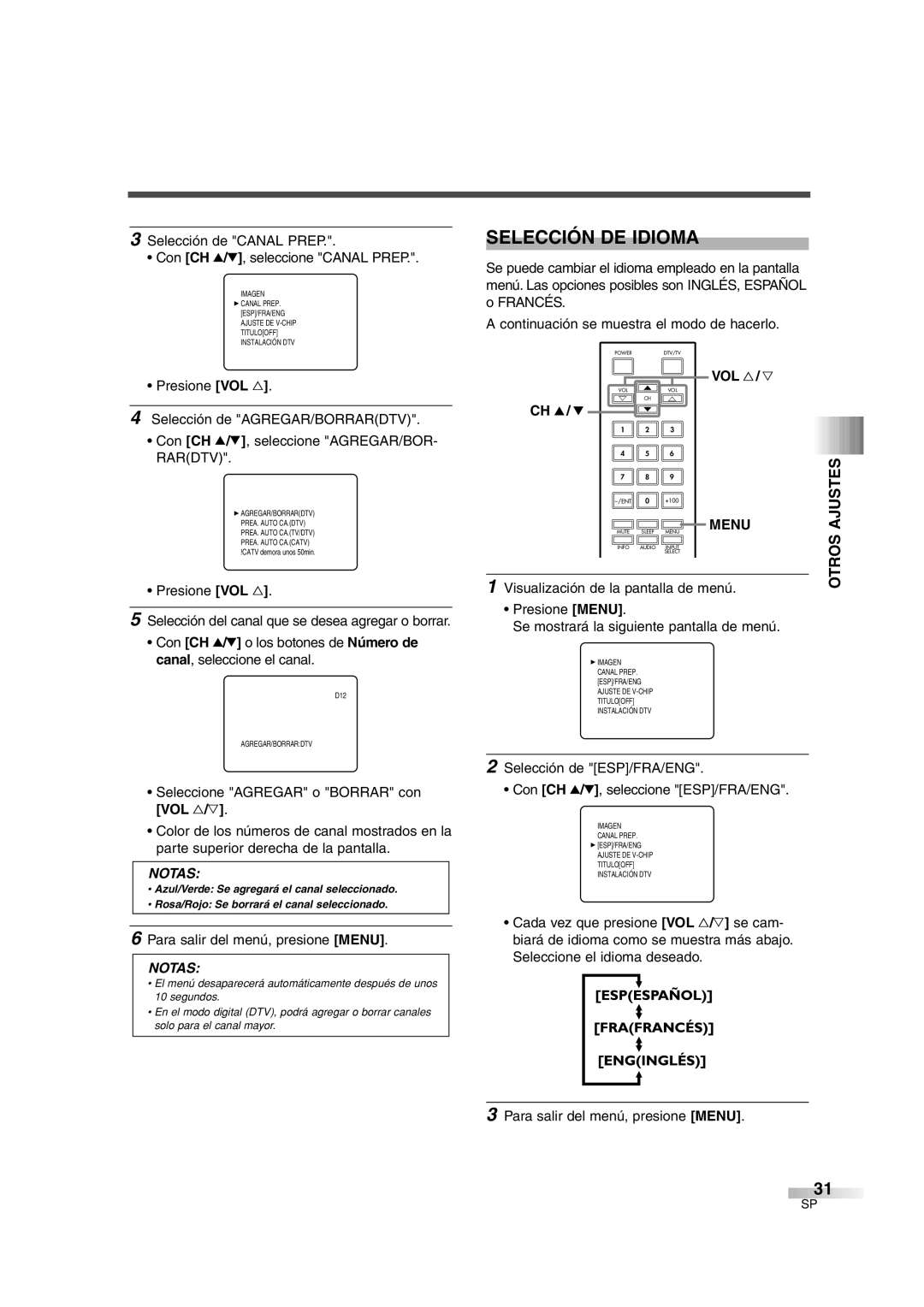 FUNAI IWF2706 owner manual Selección DE Idioma, Ajustes, Selección de ESP/FRA/ENG Con CH K/L, seleccione ESP/FRA/ENG 